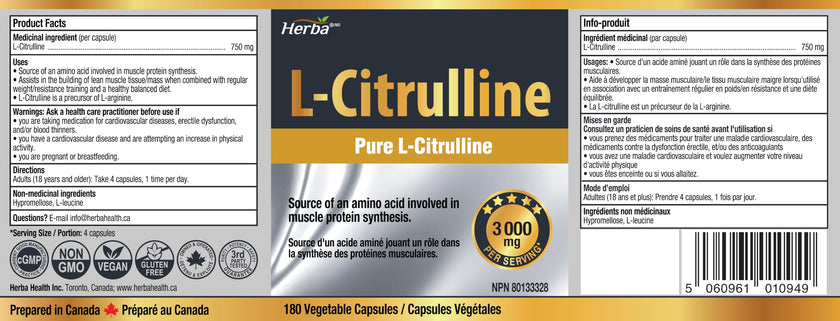 Herba L-Citrulline Capsules 750mg – 180 Capsules | 3,000mg Per Serving | Ultra Pure >98% | L Citrulline Nitric Oxide Supplement | Made & 3rd Party Tested in Canada 🍁 All In One Marketplace Canada