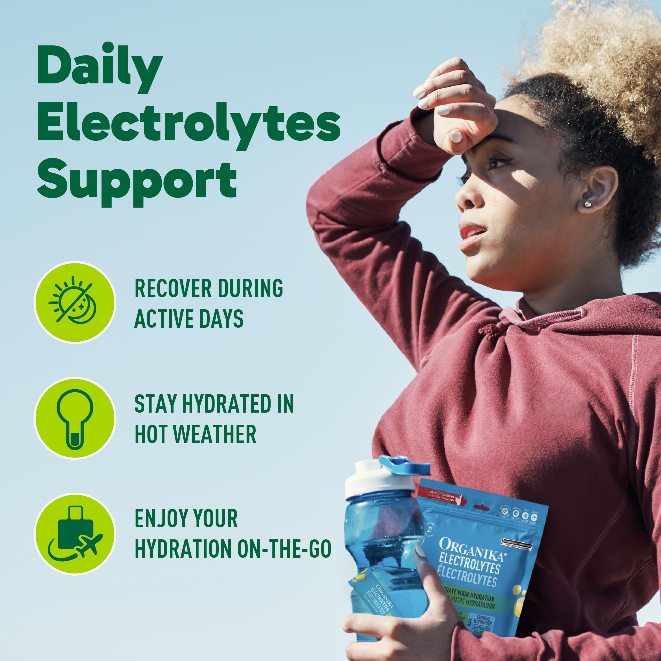 Organika Canadian-Made Electrolytes Powder with Vitamin C & Prebiotic Fibre - Sugar-Free Hydration Drink Mix - Classic Lemonade - 20 Single-Serve Sachets x 3.5g 🍁 All In One Marketplace Canada