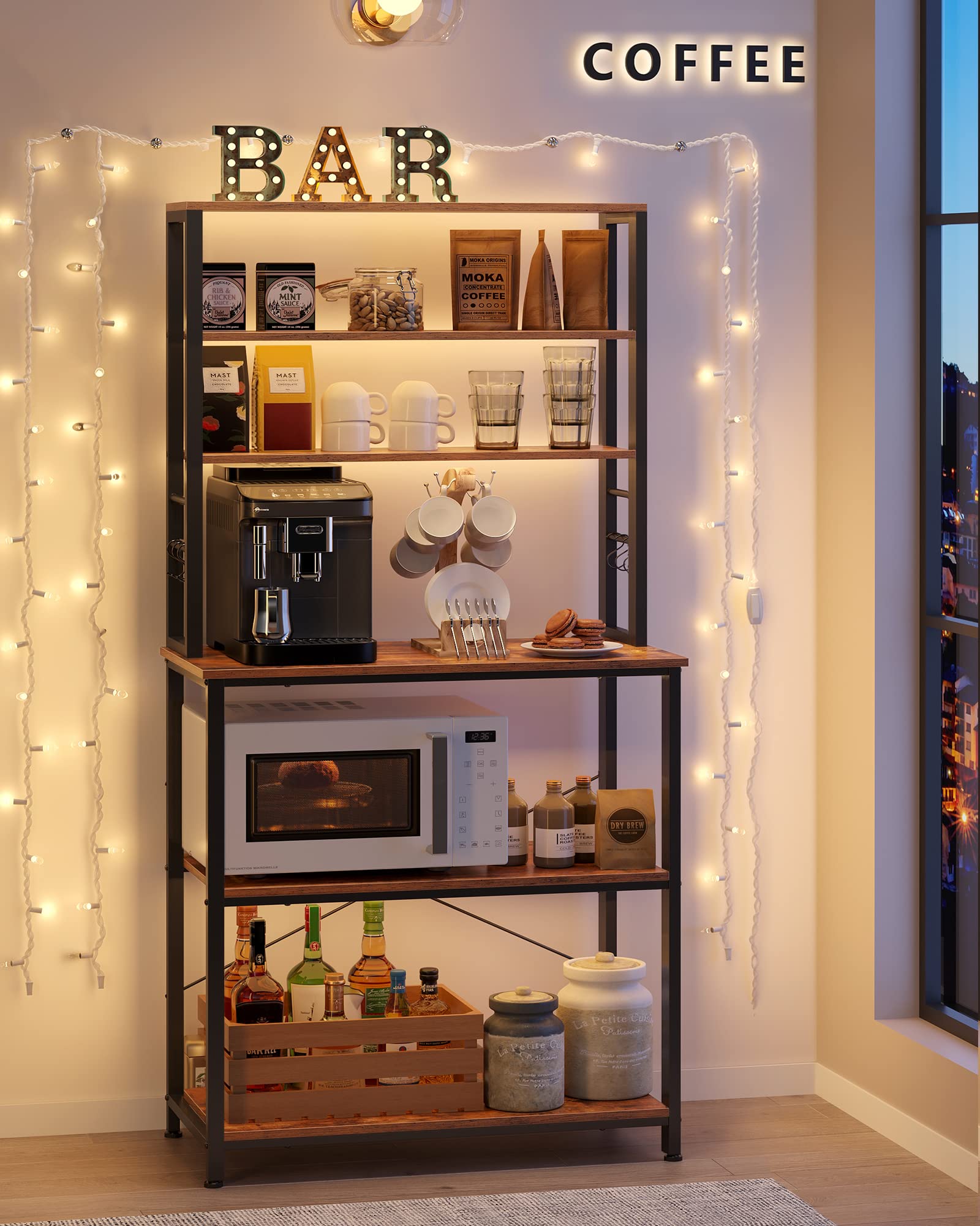 VASAGLE Coffee Bar, Baker’s Rack for Kitchen with Storage, 6-Tier Kitchen Shelves with 6 Hooks, Microwave Stand, Industrial, 15.7 x 31.5 x 65.7 Inches, Rustic Brown and Black UKKS019B01 🍁 All In One Marketplace Canada