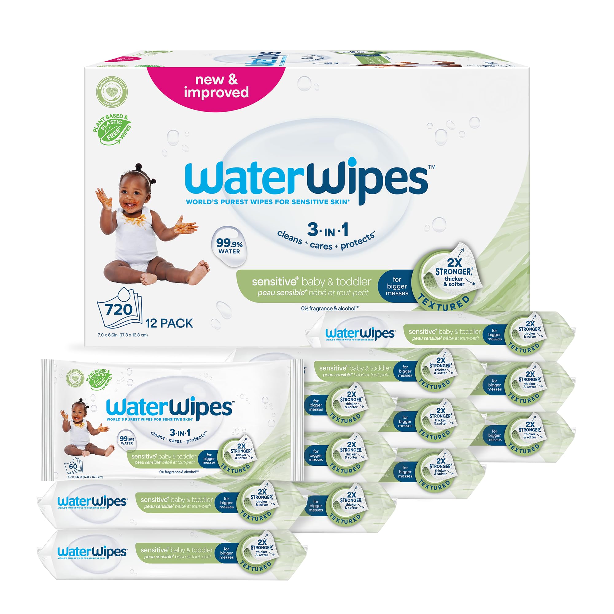 WaterWipes Sensitive+ Baby & Toddler Wipes, 3-In-1 Cleans, Cares, Protects, 99.9% Water, Textured Clean, Unscented & Hypoallergenic, 720 Count (12 Packs) 🍁 All In One Marketplace Canada