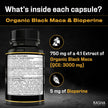 Organic Black Maca for Men & Women DHE 3000mg (Industry Strongest) with 5mg Bioperine per Capsule - Organic Gelatinized Maca for all Genders | 750 mg 4:1 Extract Maca Root / Maca Powder | Proudly Canadian | 4 Month Supply, Non-GMO, Vegan, Gluten Free, Soy