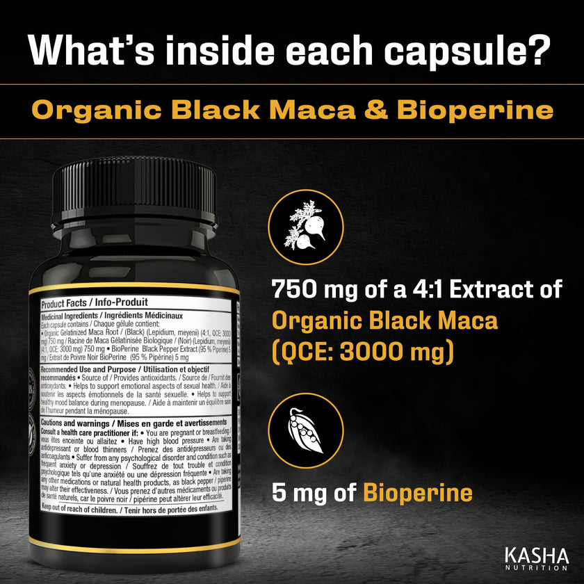 Organic Black Maca for Men & Women DHE 3000mg (Industry Strongest) with 5mg Bioperine per Capsule - Organic Gelatinized Maca for all Genders | 750 mg 4:1 Extract Maca Root / Maca Powder | Proudly Canadian | 4 Month Supply, Non-GMO, Vegan, Gluten Free, Soy