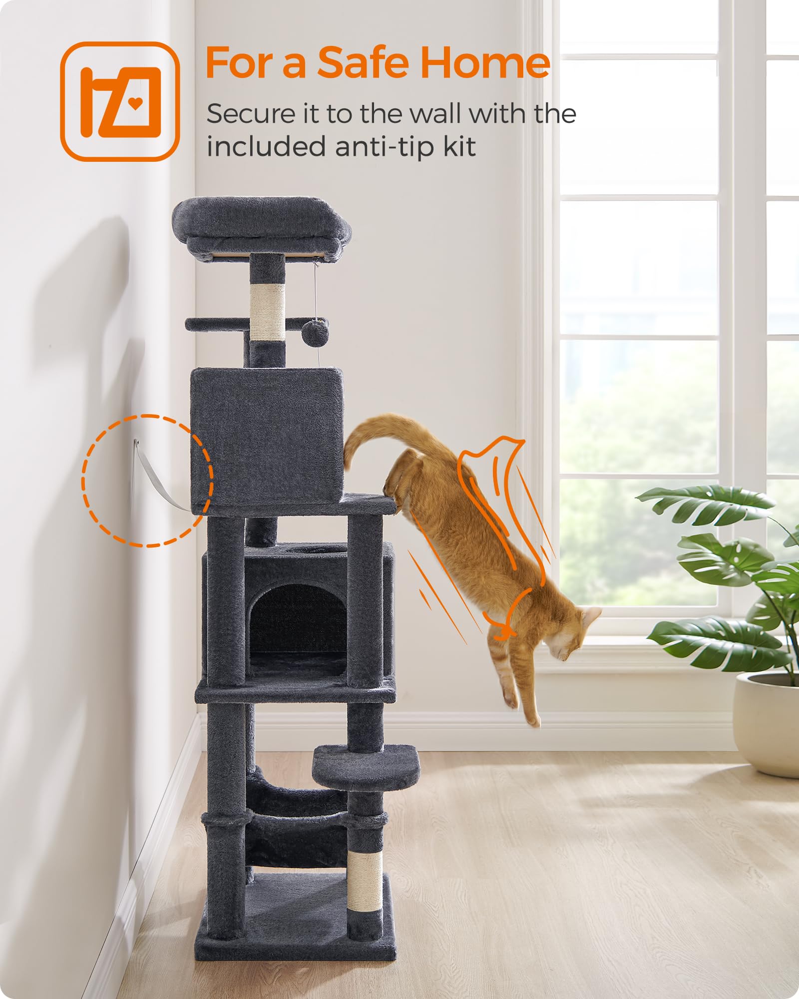 Feandrea Cat Tree Tower, 155 cm Multi-Level Cat Condo with 5 Scratching Posts, 2 Perches, 2 Caves, Hammock, 2 Pompoms, Smoky Gray UPCT192G01 🍁 All In One Marketplace Canada