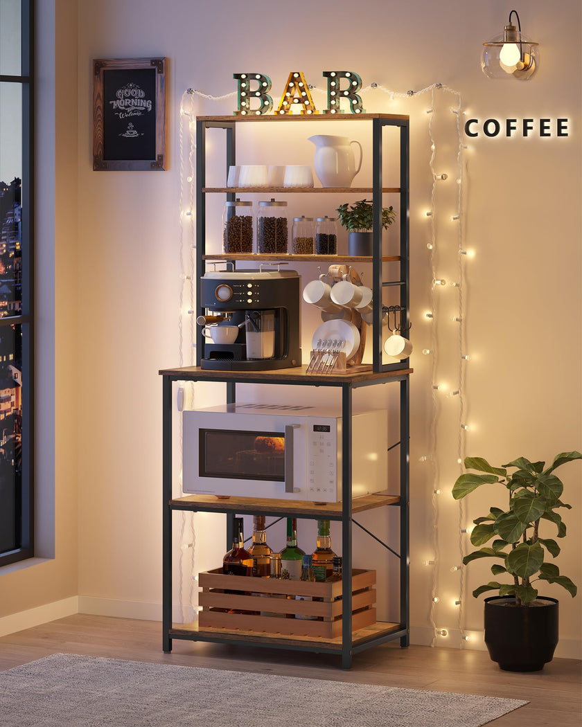 VASAGLE Coffee Bar, Baker’s Rack for Kitchen with Storage, 6-Tier Kitchen Shelves with 6 Hooks, Microwave Stand, Industrial, 15.7 x 23.6 x 65.7 Inches, Rustic Brown and Black UKKS024B01 🍁 All In One Marketplace Canada