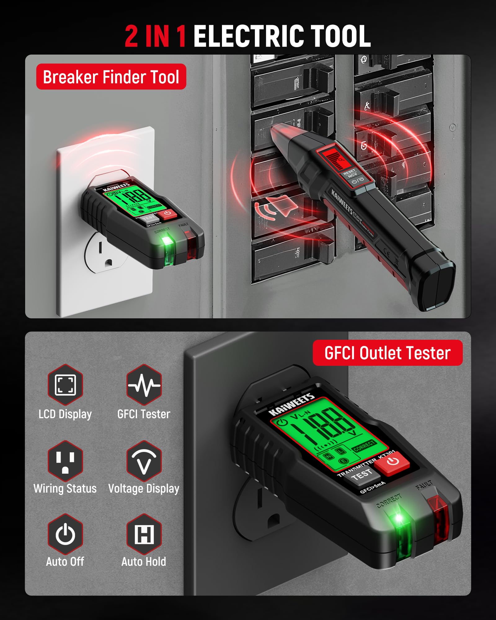 KAIWEETS Circuit Breaker Finder with LCD Display, GFCI Outlet Tester, Electrical Circuit Tracer Tool with NCV Test & Flashlight, Includes Carrying Case and Adapters- KT301P 🍁 All In One Marketplace Canada