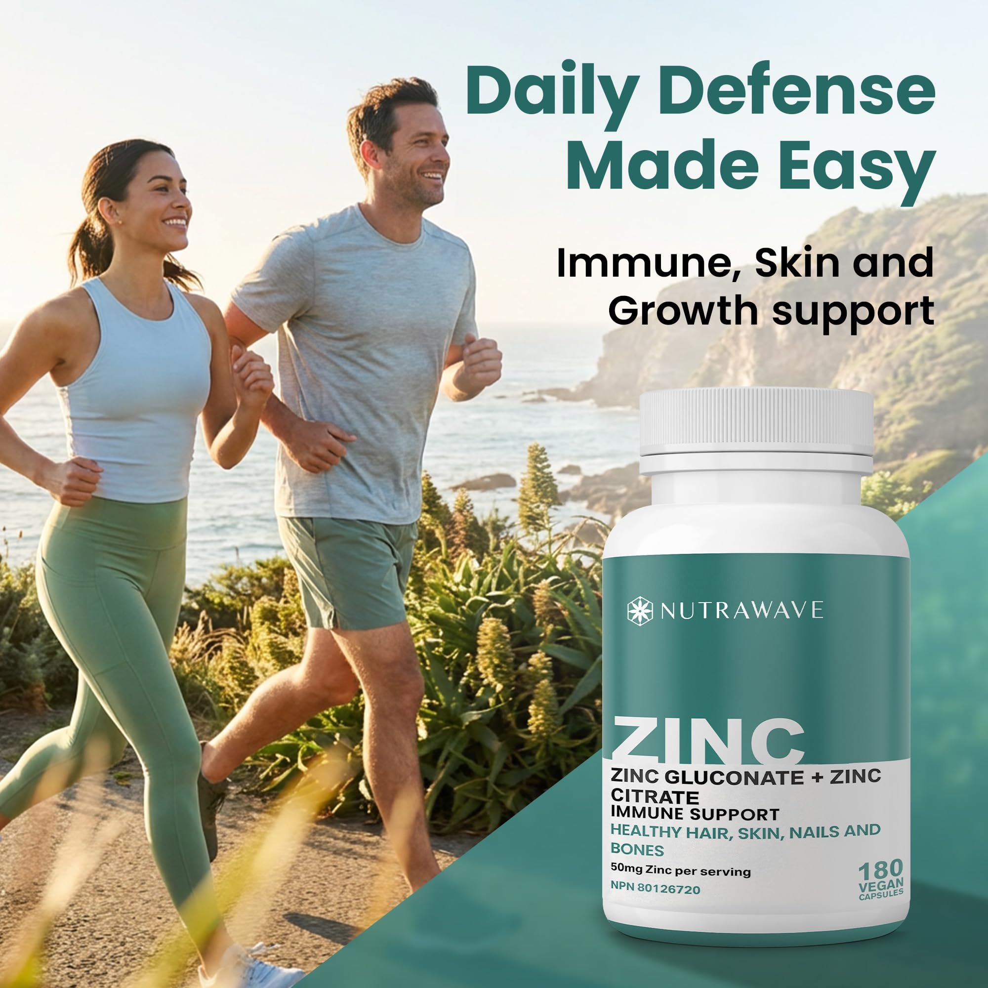 Nutrawave 2-IN-1 Zinc Supplements, High Absorption Formula 50 mg Zinc Gluconate + Zinc Citrate Chelated Stomach-Friendly Immune Booster, Healthy Skin, Hair, Nails & Bones, For Men & Women, Vegan, 6-Month Supply 🍁 All In One Marketplace Canada