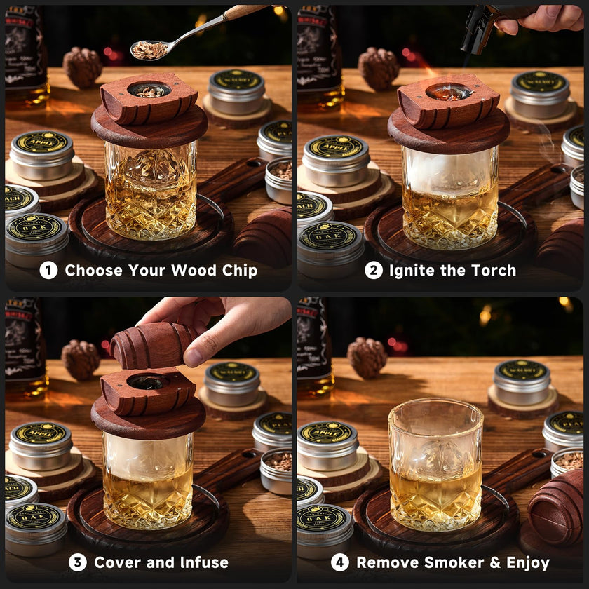 Whiskey Smoker Kit with Torch - 6 Flavors Wood Chips, 2 Glasses, 2 Ice Ball Molds - Cocktail Smoker Infuser Kit, Old Fashioned Drink Smoker Kit, Birthday Bourbon Whiskey Gifts for Men,Dad(NO Butane) 🍁 All In One Marketplace Canada