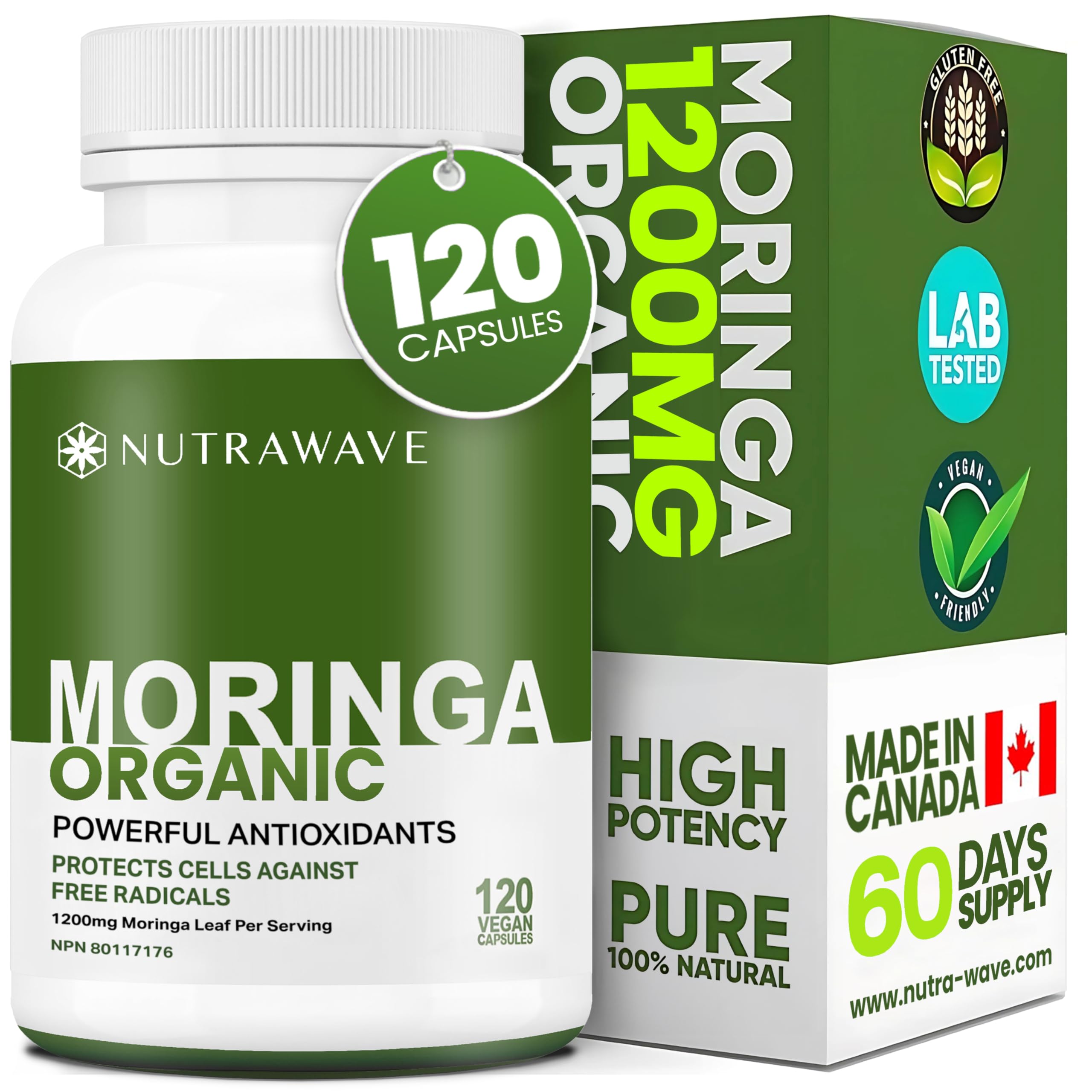Nutrawave ORGANIC MORINGA LEAF Capsules 1200mg High Potency (2 x 600mg) – Gluten Free, Non-GMO, Vegan-Friendly Antioxidant Supplement -120 Capsules 🍁 All In One Marketplace Canada