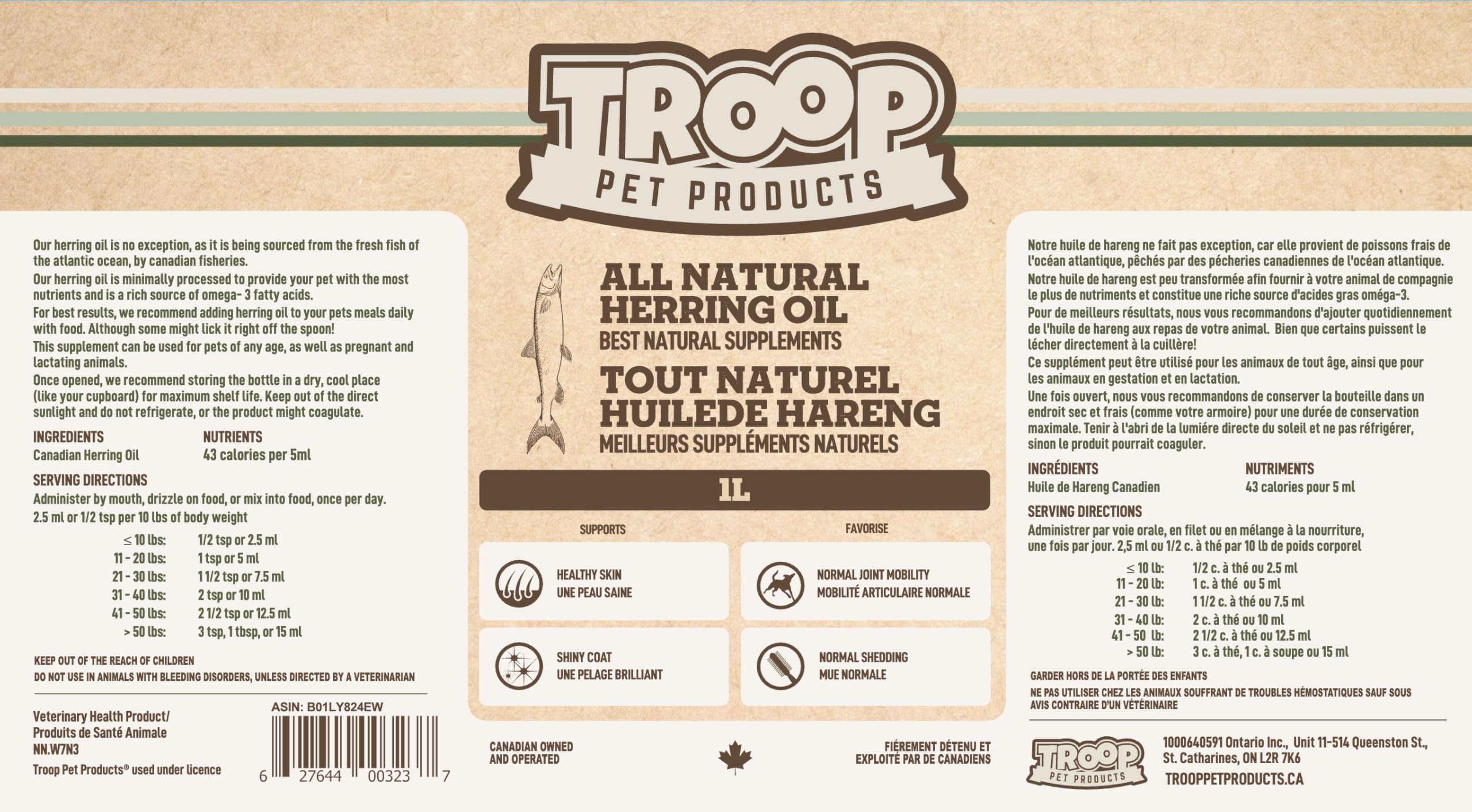 Troop Pet Products, Canadian Herring Oil, Natural Omega 3 Supplement for Improved Stamina, Immune System, Decreased Shedding, (1000ml) 🍁 All In One Marketplace Canada