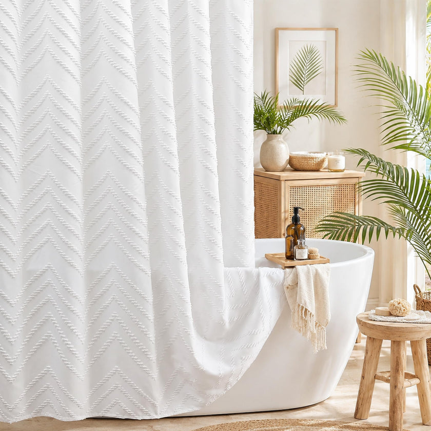White Boho Fabric Shower Curtain 72 x 72 Inches, Modern Shabby Chic Textured Tufted Chevron Striped Minimalist Cloth Bathroom Shower Curtain 🍁 All In One Marketplace Canada