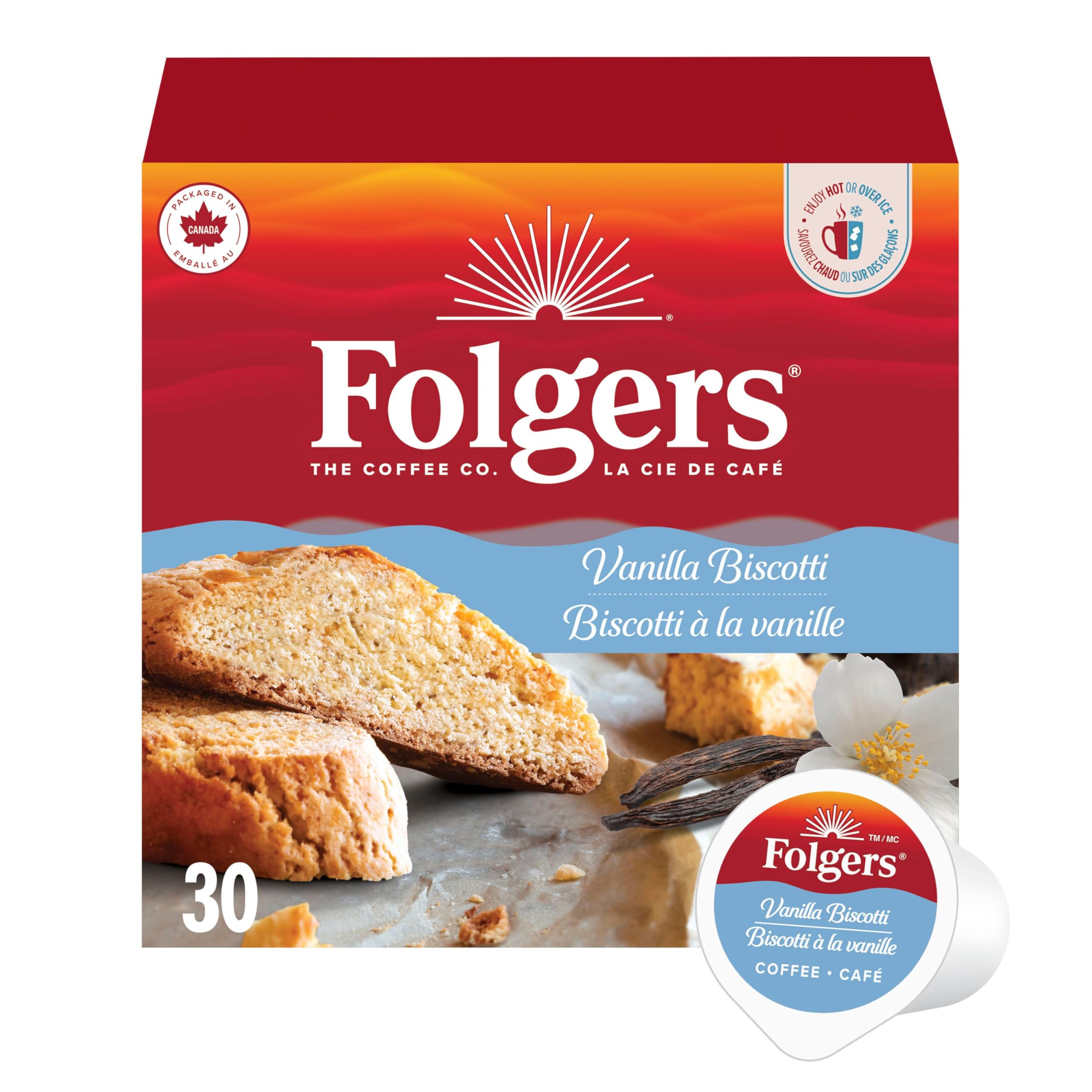 Folgers Vanilla Biscotti Flavoured Light Roast Coffee Pods, Single Serve One Cup Pods made with Arabica Beans for Hot or Iced Drinks, 30 Count (Pack of 1) 🍁 All In One Marketplace Canada