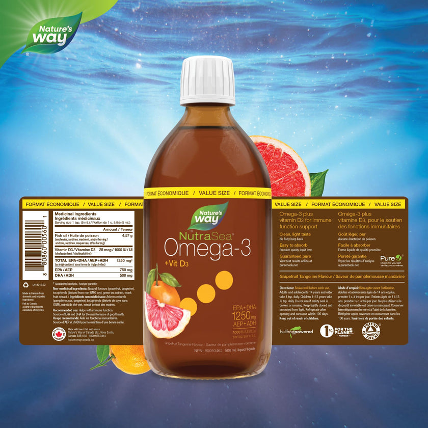 Nature's Way NutraSea Omega 3 + Vitamin D Fish Oil Liquid Supplement – Grapefruit Tangerine Flavour – Heart, Brain, Bone & Immune Support – EPA & DHA + 1000IU D3, 500 mL 🍁 All In One Marketplace Canada