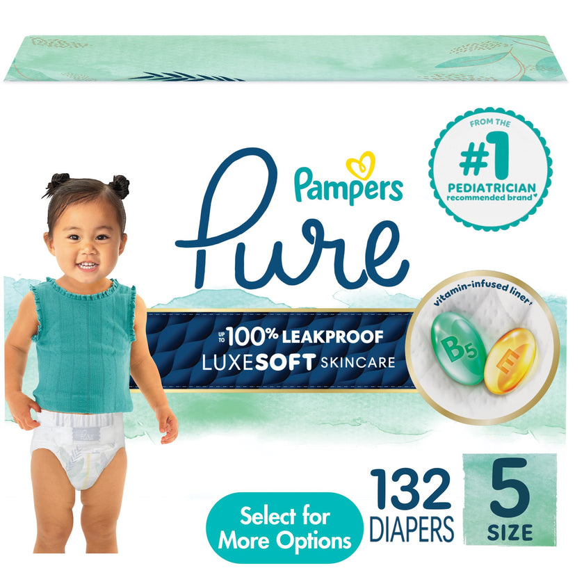 Pampers Pure Baby Diapers, Size 5 (27+ lbs), 132, Up to 100% Leakproof, Premium Hypoallergenic Soft Diapers 🍁 All In One Marketplace Canada