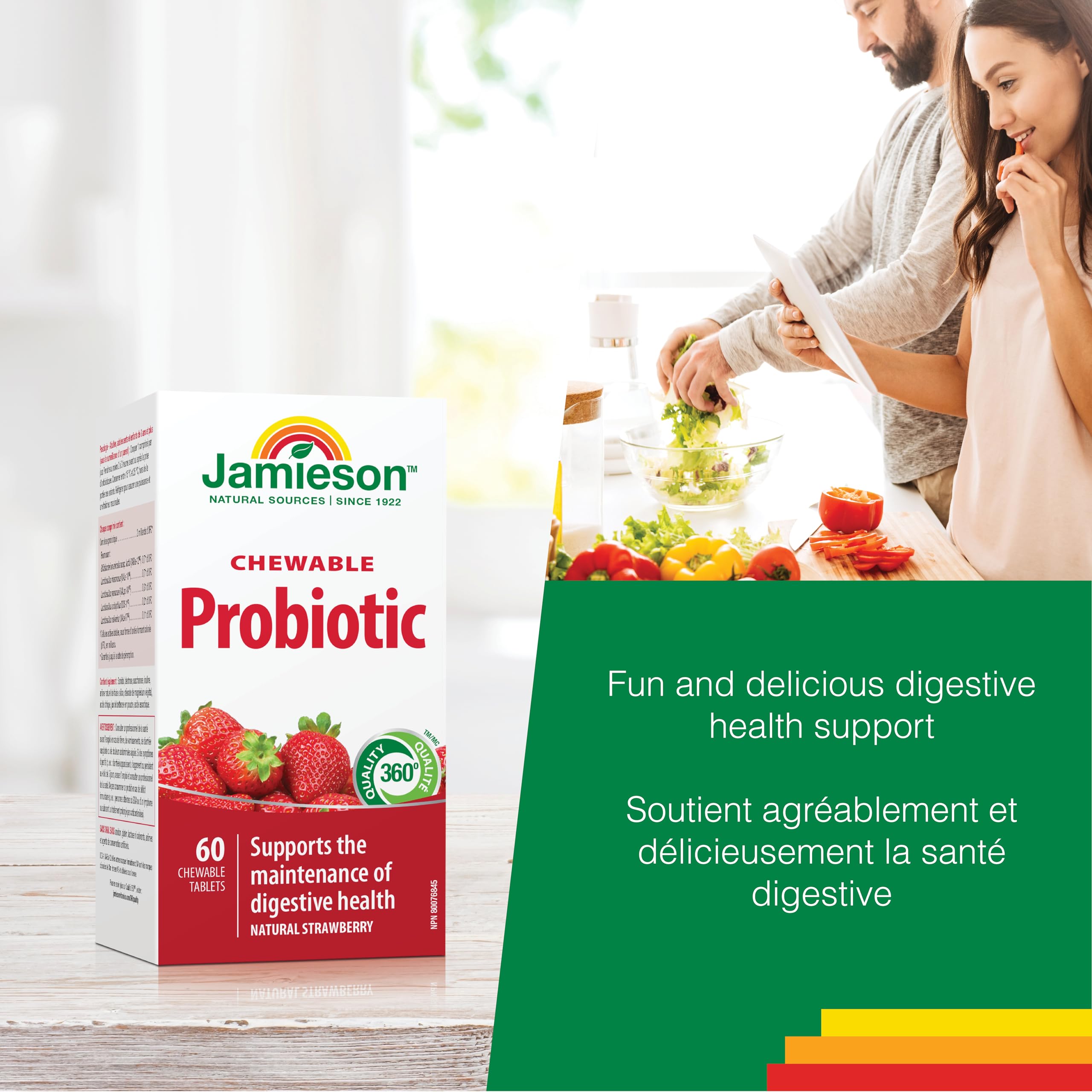 Jamieson Chewable Probiotic 2 Billion Active Cells Natural Strawberry Flavour, Family Friendly (3+), Supports Digestive Health. 5 Unique Strains, Including Lactobacillus and Bifidobacterium, Non-GMO, No Artificial Colours, Flavours, or Preservatives, 60 C