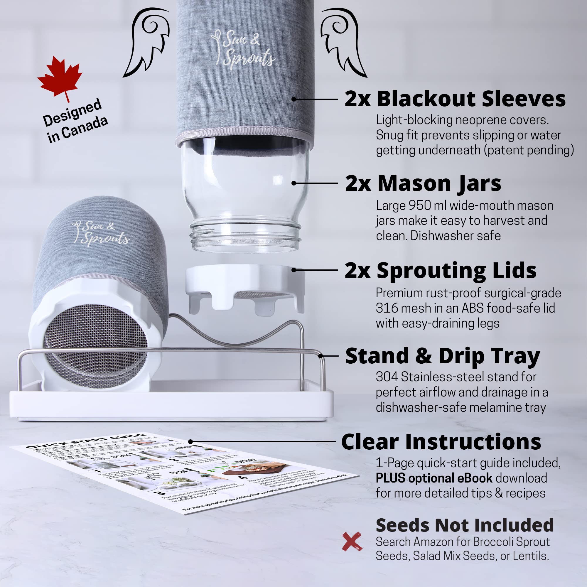 Sun & Sprouts The Original Complete Sprouting Kit - 2 Large Wide-Mouth Mason Jars, Premium Screen lids, Blackout Sleeves, Tray, Sprouter Stand - for Growing Broccoli, Mung Bean, Alfalfa from Seed 🍁 All In One Marketplace Canada