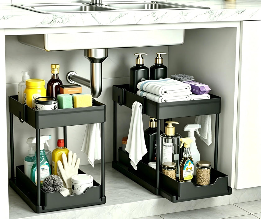 DEKAVA Under Sink Organizer 2 Pack, Bathroom Organizers, 2 Tier Sliding Cabinet Basket Organizer Drawer, Multi-Purpose Bath Collection Baskets for Bathroom (Black) 🍁 All In One Marketplace Canada