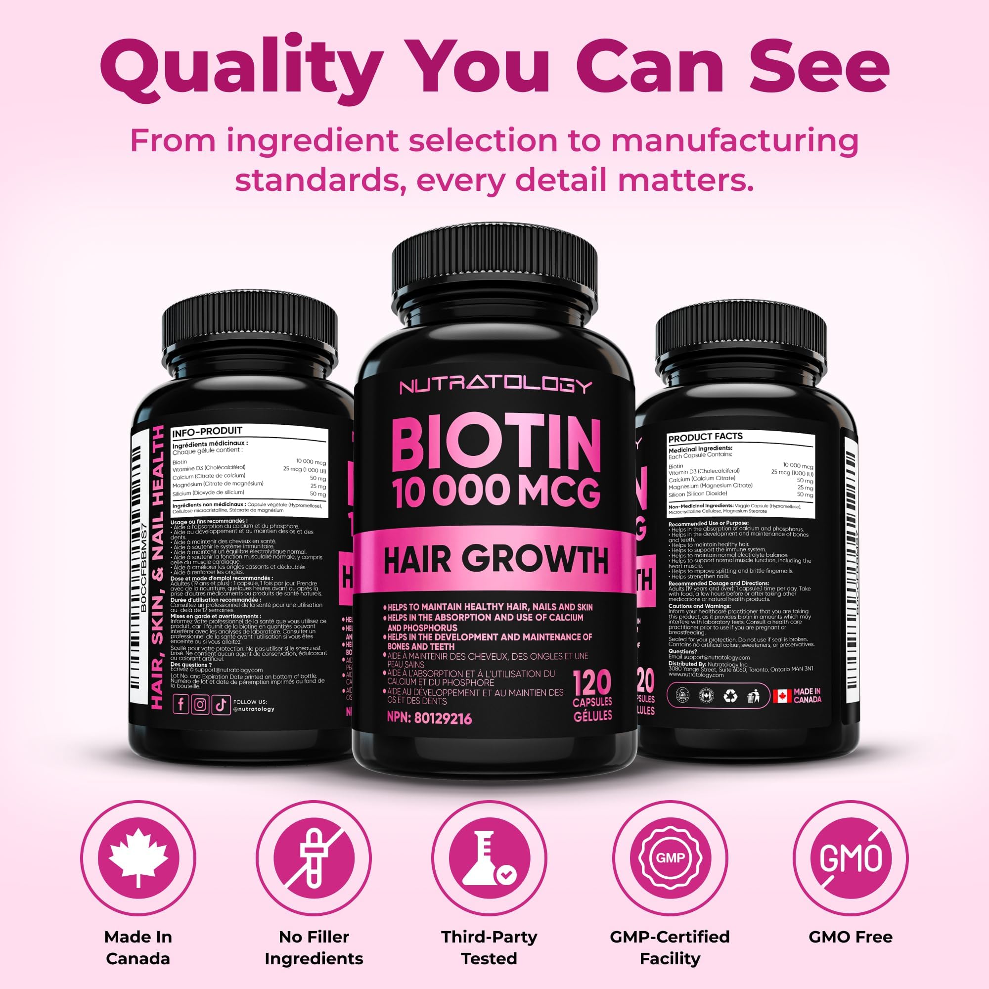 Biotin 10000MCG Hair Vitamins For Hair Growth Women | Canadian-Made | Promotes Healthy Skin & Nail Growth - Supports Muscle Function - Biotin Supplement - Hair Growth Products for Women - 120 capsules 🍁 All In One Marketplace Canada