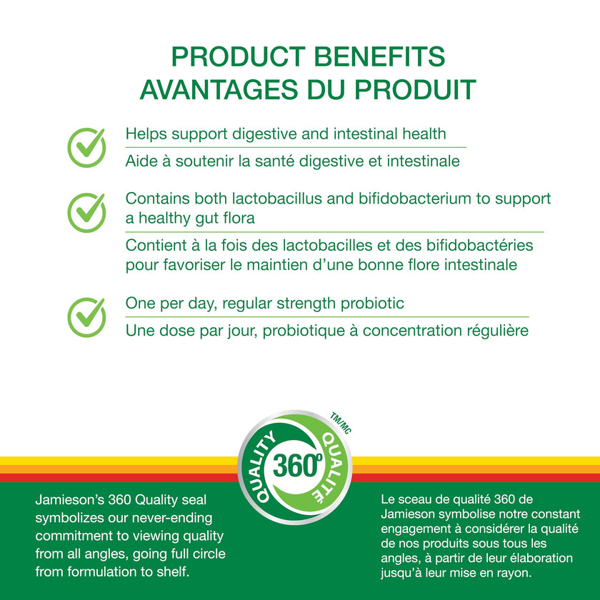 Jamieson Probiotic 5 Billion Active Cells, Bonus Size, Supports Digestive Health and Microbial Diversity. 5 Unique Strains, Including Lactobacillus and Bifidobacterium, Non-GMO, Gluten-Free, 72 Vegetarian capsules 🍁 All In One Marketplace Canada