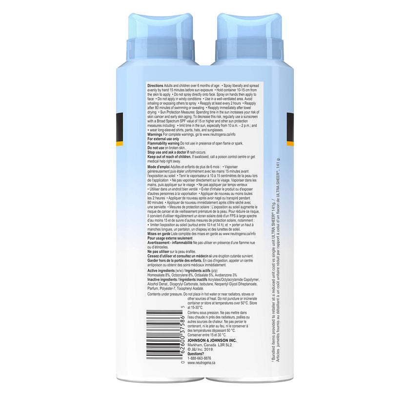 Neutrogena ultra Sheer Body Mist Sunscreen Spray Spf 30 Duo Pack With Uva/uvb Broad Spectrum Sun Protection, lightweight, Water-resistant, Oil-Free, non-comedogenic & Oxybenzone-Free, 2 X, 141 Grams 🍁 All In One Marketplace Canada