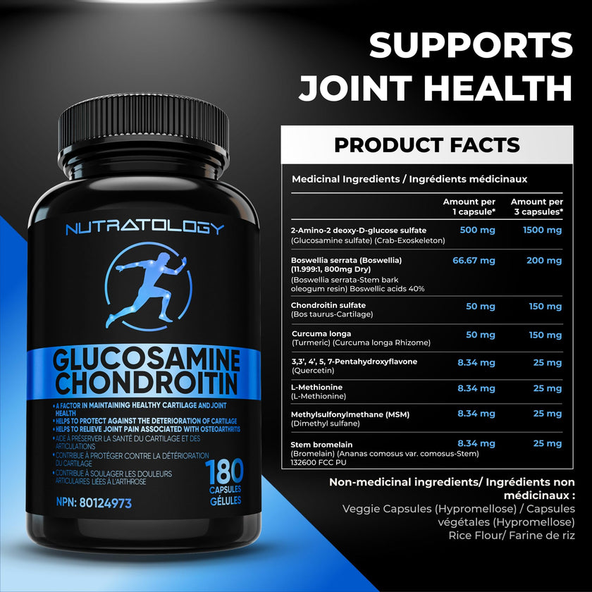 Nutratology® Glucosamine Joint Supplement with Chondroitin, MSM & Turmeric | Canadian-Made | Joint Pain Relief Supplements - 1500MG Glucosamine - Supports Healthy Joints & Cartilage - 180 Capsules 🍁 All In One Marketplace Canada