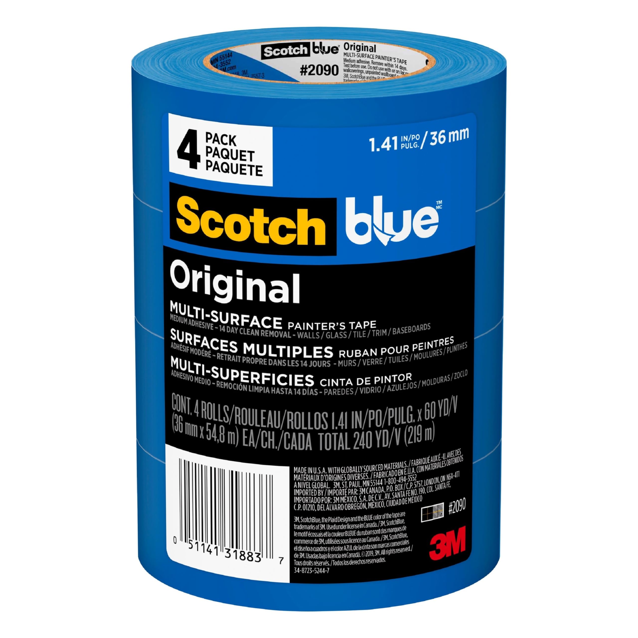 Scotch Painter’s Tape ScotchBlue Original Painter's Tape, Multi-Surface, 36 mm (4 Rolls) - 2090-1.41 Inch X 60 Yards, Blue (2090-36EP4) 🍁 All In One Marketplace Canada