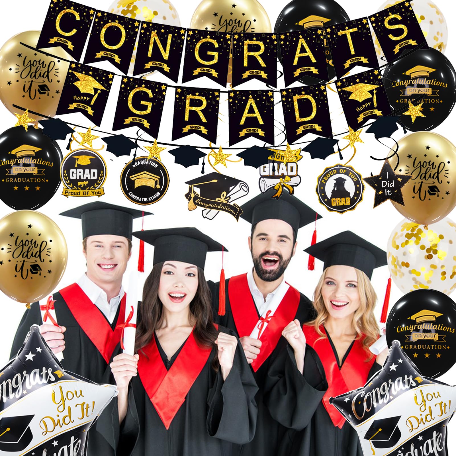 Graduation Decorations Class of 2026, 12Pcs Black and Gold balloons with Swirl and Graduation Garland Congrats Grad 2026 Banner for College High School Party Supplies 🍁 All In One Marketplace Canada