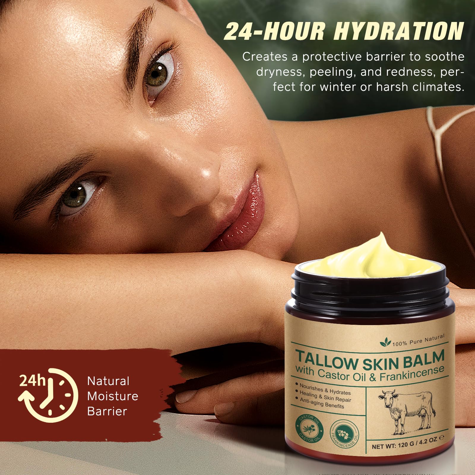 Beef Tallow Skin Care with Castor Oi & Frankincenses, Grass Fed Whipped Tallow Honey Balm for Face & Body, Natural Moisturizer Hydrates, Deeply Nourishes, Enhances Natural Radiance 120g 🍁 All In One Marketplace Canada