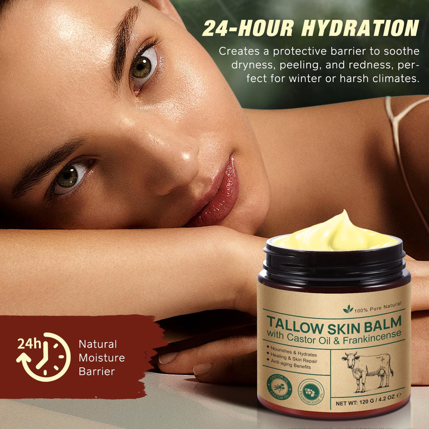 Beef Tallow Skin Care with Castor Oi & Frankincenses, Grass Fed Whipped Tallow Honey Balm for Face & Body, Natural Moisturizer Hydrates, Deeply Nourishes, Enhances Natural Radiance 120g 🍁 All In One Marketplace Canada