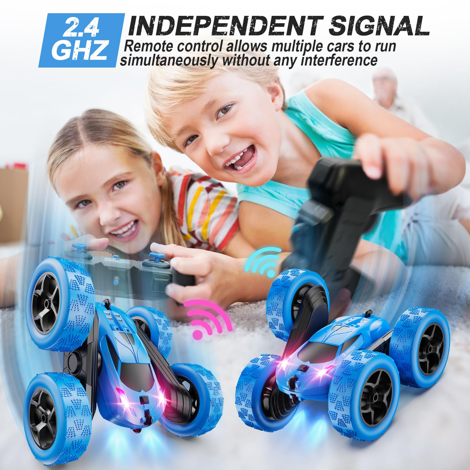 QUNREDA Remote Control Car for Kids Ages 6+, RC Cars Stunt Car Toy 4WD Double Sided 360° Rotating Remote Control with Headlights, Birthday Xmas Gifts for Boys 6 7 8 9 10 11 12 1-Blue 🍁 All In One Marketplace Canada
