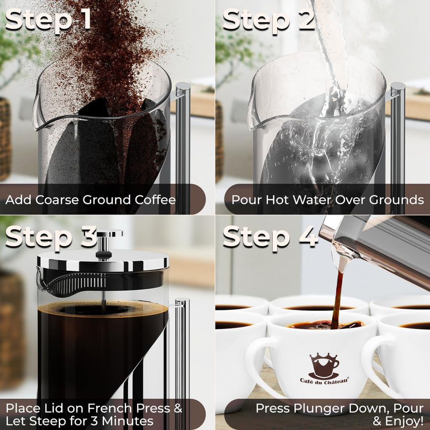 French Press Coffee Maker 34oz – Stainless Steel & Glass Coffee Press with 4-Level Filtration, BPA-Free Cafetiere for Camping or Home – Large, Durable for Hot & Cold Brew 🍁 All In One Marketplace Canada