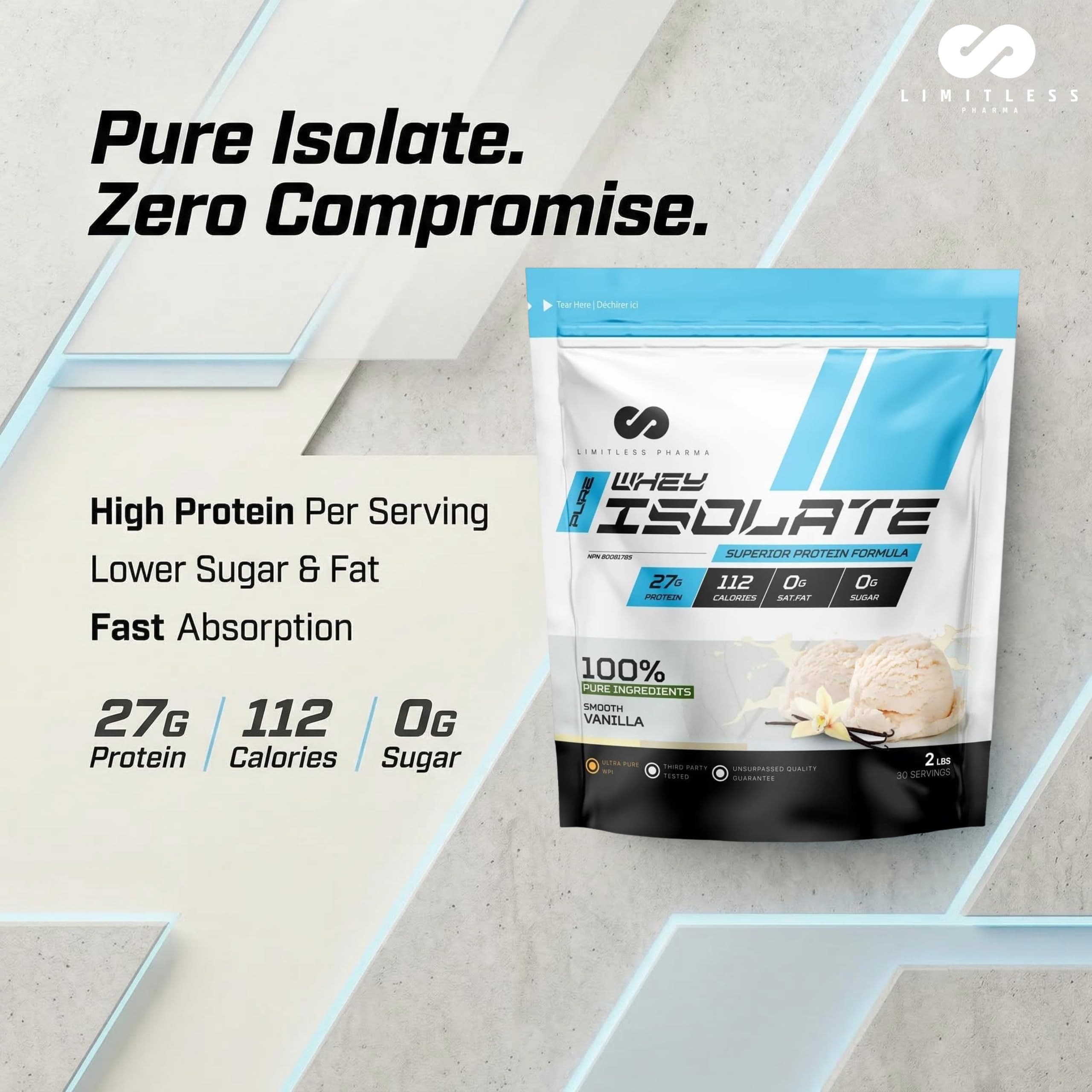 Limitless Pharma Pure Whey Isolate | High Protein Whey Isolate Powder | 27g Protein, 6g BCAAs, Sugar Free, Gluten Free, Low Carb, Low Lactose | 30 Servings, 2LB (Vanilla) 🍁 All In One Marketplace Canada