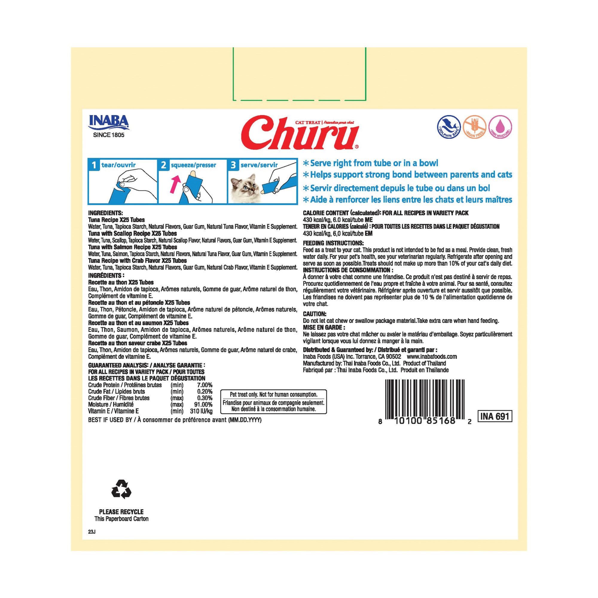 INABA Churu Cat Treats, Lickable, Squeezable Creamy Purée with Vitamin E, 14 Grams per Tube, 100 Tubes Total, Tuna Variety 🍁 All In One Marketplace Canada