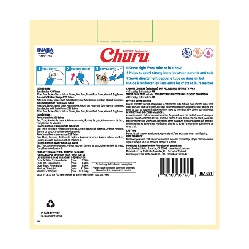 INABA Churu Cat Treats, Lickable, Squeezable Creamy Purée with Vitamin E, 14 Grams per Tube, 100 Tubes Total, Tuna Variety 🍁 All In One Marketplace Canada