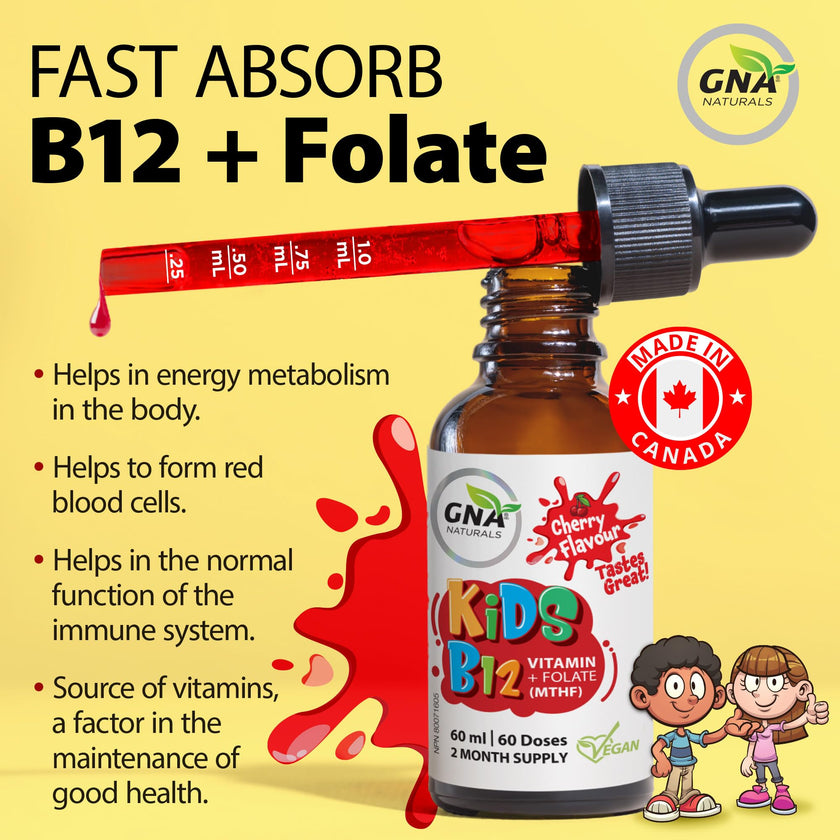GNA Naturals Kids Vitamin B12 with Folate Supplement, 60ml - VitaminB12 Methylcobalamin 1000 mcg - Liquid Drops for Kids - Cherry Flavour- Methyl B12 Folate Supplement - Vitamin-B12-Complex – Vegan – For energy, metabolism and supports memory– Made in Can