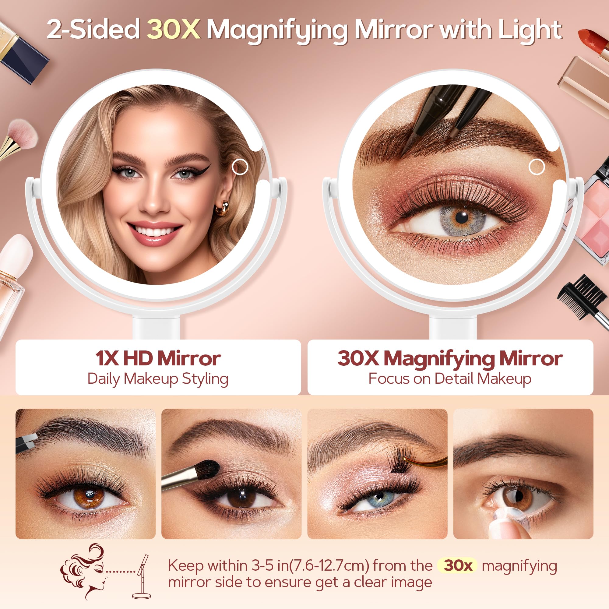 B Beauty Planet Makeup Mirror with Lights, Lighted Magnifying Mirror 30X with 3 Lighting and Adjustable Brightness, 2-Sided Height Adjustable Vanity Mirror for Bathroom, Women Gifts for Mom 🍁 All In One Marketplace Canada