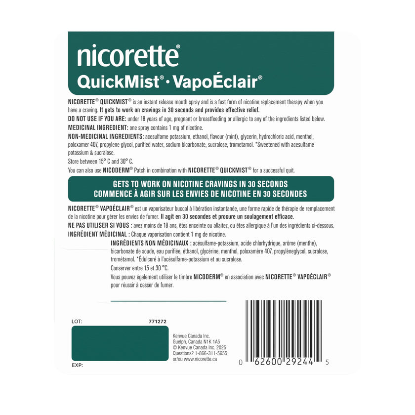 Nicorette QuickMist Nicotine Mouth Spray 1mg, Mint – NRT, 2 x 150 Sprays 🍁 All In One Marketplace Canada