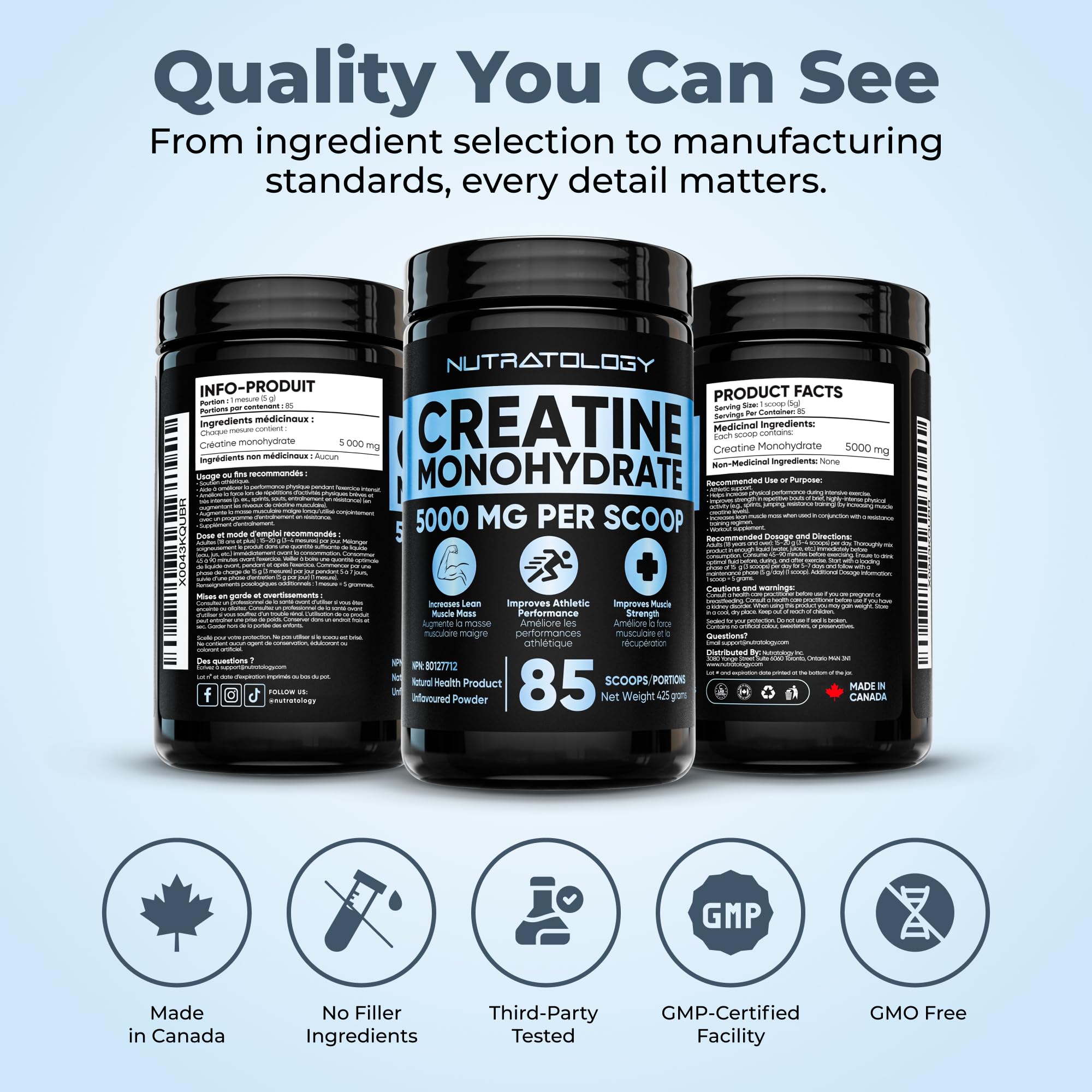 Pure Micronized Creatine Dissolves Easily | Creatine Monohydrate Powder 425g - For Increased Muscle Growth & Performance - Supports Athletic Performance - Creatine Powder for Workouts - 85 Servings 🍁 All In One Marketplace Canada