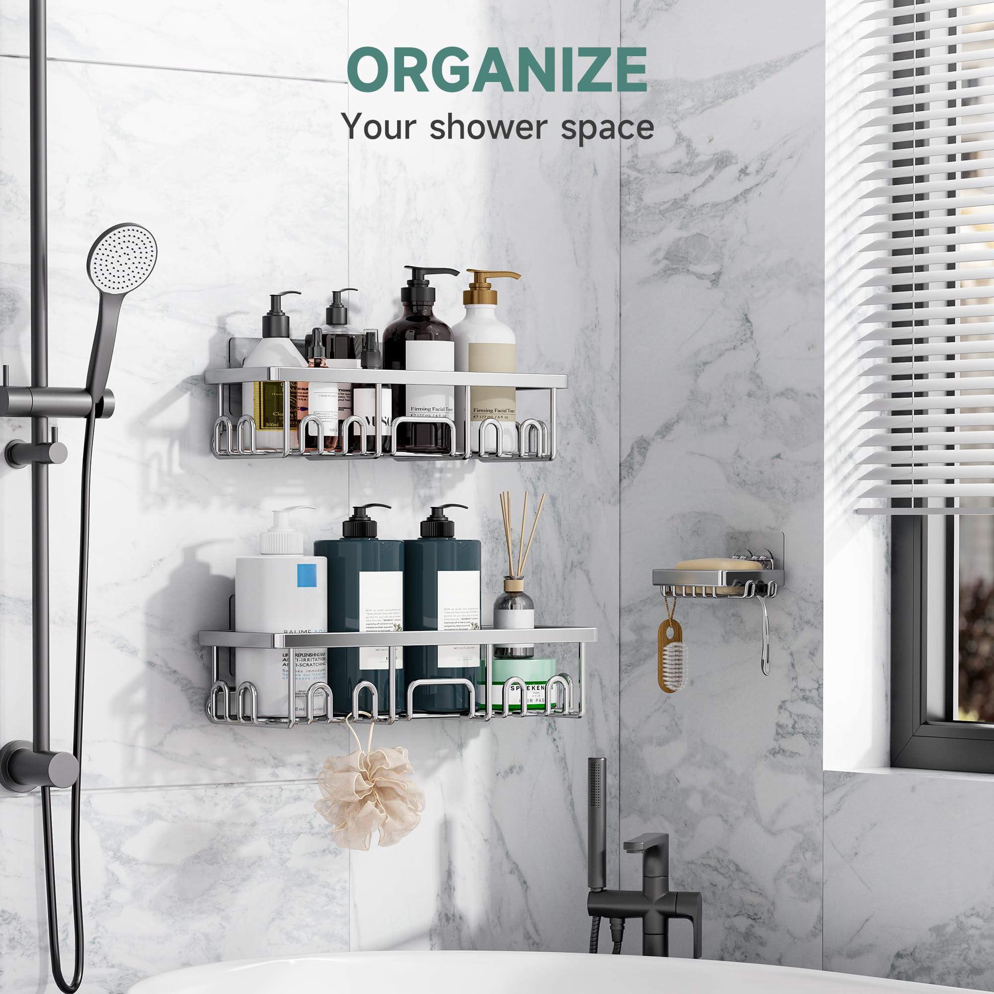 Veken Large Capacity Shower Caddy 3-Pack, No Drilling Adhesive Rack with Soap Holder, Rustproof & Waterproof Shelves, Bathroom Organizers and Storage, Wall-Mounted Kitchen & Home Decor, Silver 🍁 All In One Marketplace Canada