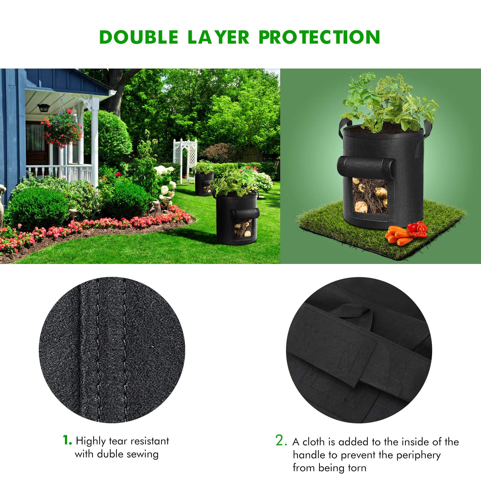 Cavisoo 5-Pack 10 Gallon Potato Grow Bags, Garden Planting Bag with Reinforced Handle, Thickened Nonwoven Fabric Pots for Tomato, Vegetable and Fruits 🍁 All In One Marketplace Canada