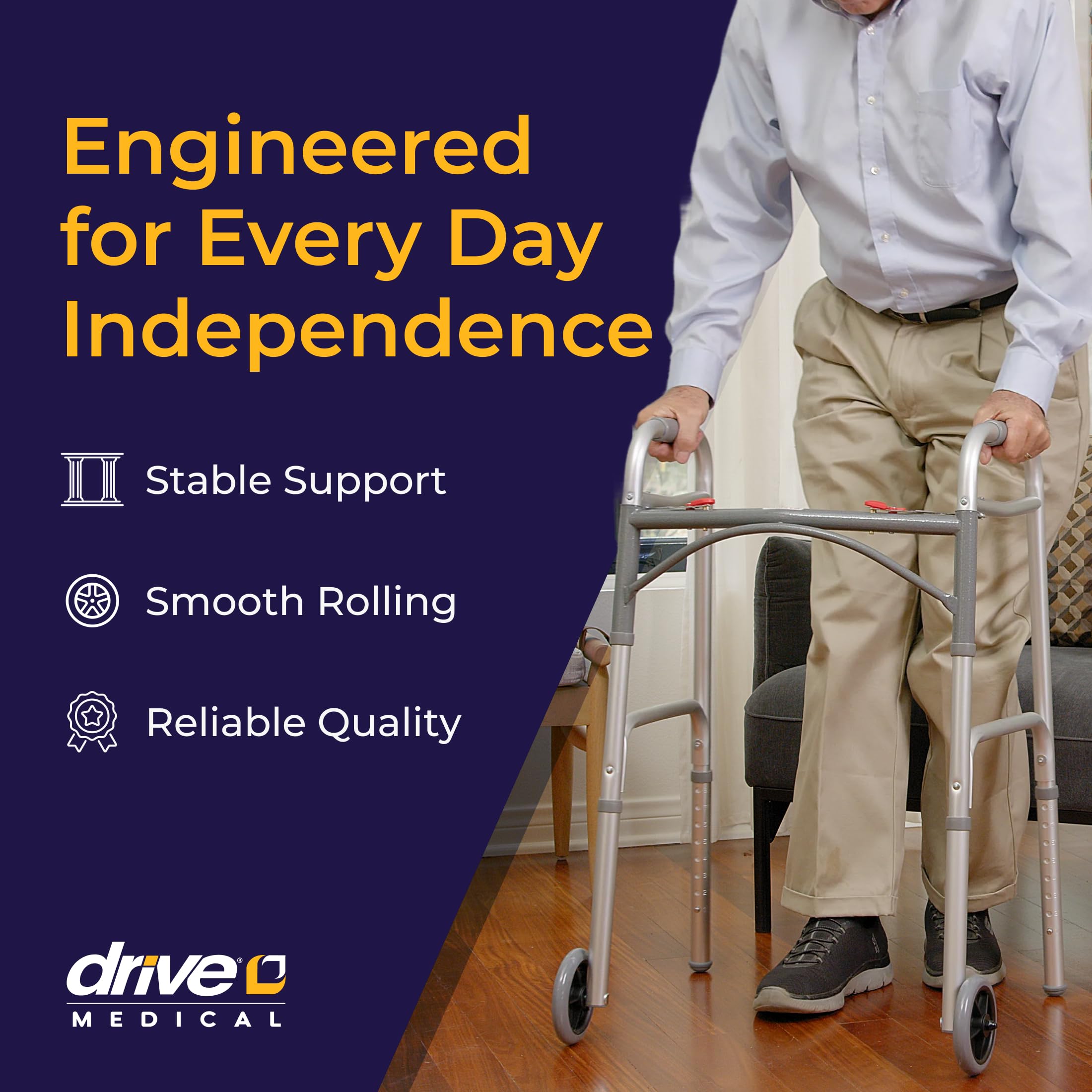 Drive Medical Two-Button Folding Walker w/ Wheels - Lightweight Rolling Mobility Support - Desk Arms - Adjustable Height - Dual Push-Button Operation - 5 Inch Front Wheels - Durable Aluminum - Silver 🍁 All In One Marketplace Canada