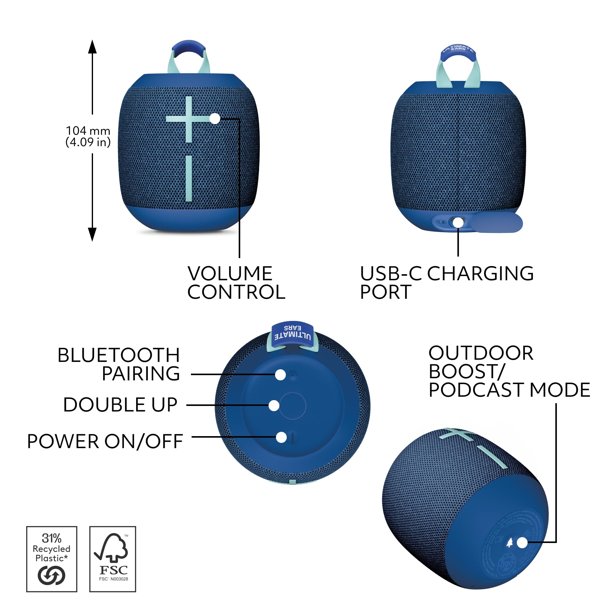 Ultimate Ears WONDERBOOM 4 Portable Waterproof Bluetooth Speaker with Big Bass and 360-Degree Sound, Dustproof Floating Speaker with 131ft (40m) Range - Blue 🍁 All In One Marketplace Canada