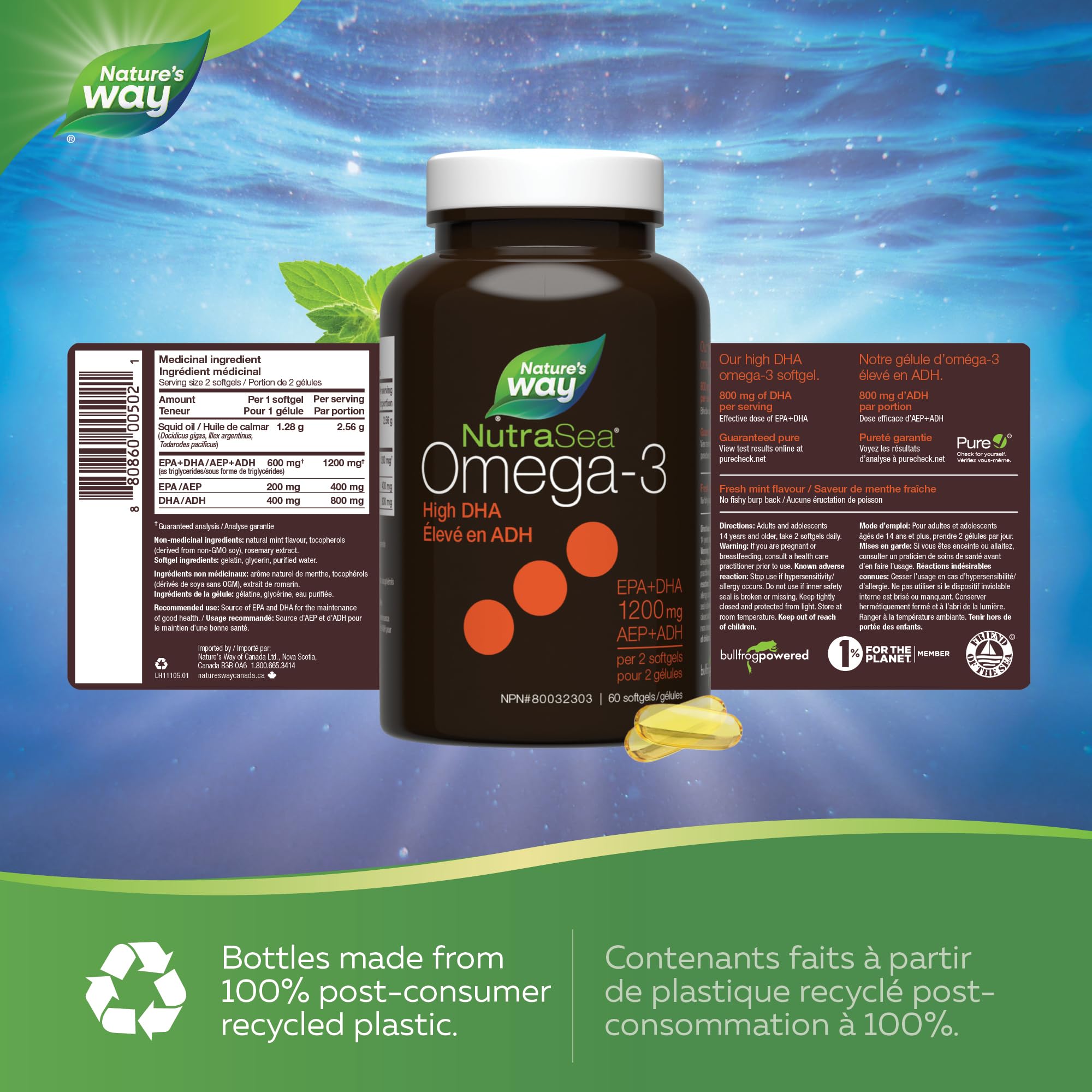 Nature's Way NutraSea DHA 2X Concentrated Omega 3 Softgels Supplement – Fresh Mint Flavour – Brain & Eye Support for Adults and Kids Ages 14+ – 500mg DHA, 60 Softgels 🍁 All In One Marketplace Canada