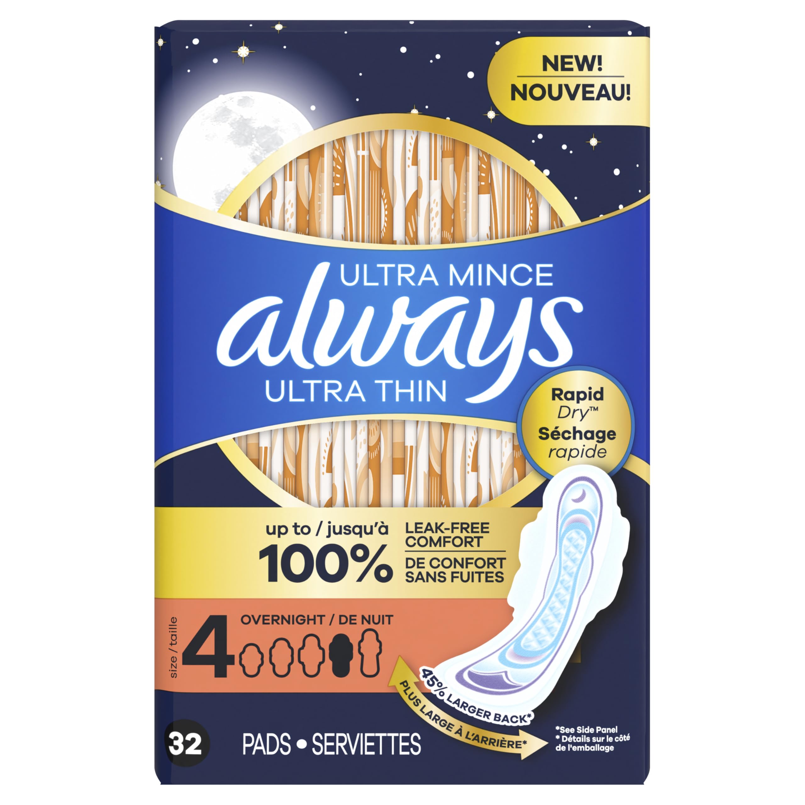 Always Ultra Thin Feminine Pads with Wings for Women, Size 4, Overnight Absorbency, Unscented, 96 Count 🍁 All In One Marketplace Canada