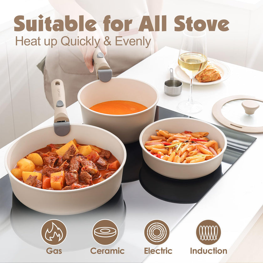 SENSARTE 17 Piece Ceramic Pots and Pans Set, Nonstick Detachable Handle Cookware, Induction Kitchen Cookware Set with Removable Handle, Dishwasher ＆ Oven Safe (Almond Beige) 🍁 All In One Marketplace Canada