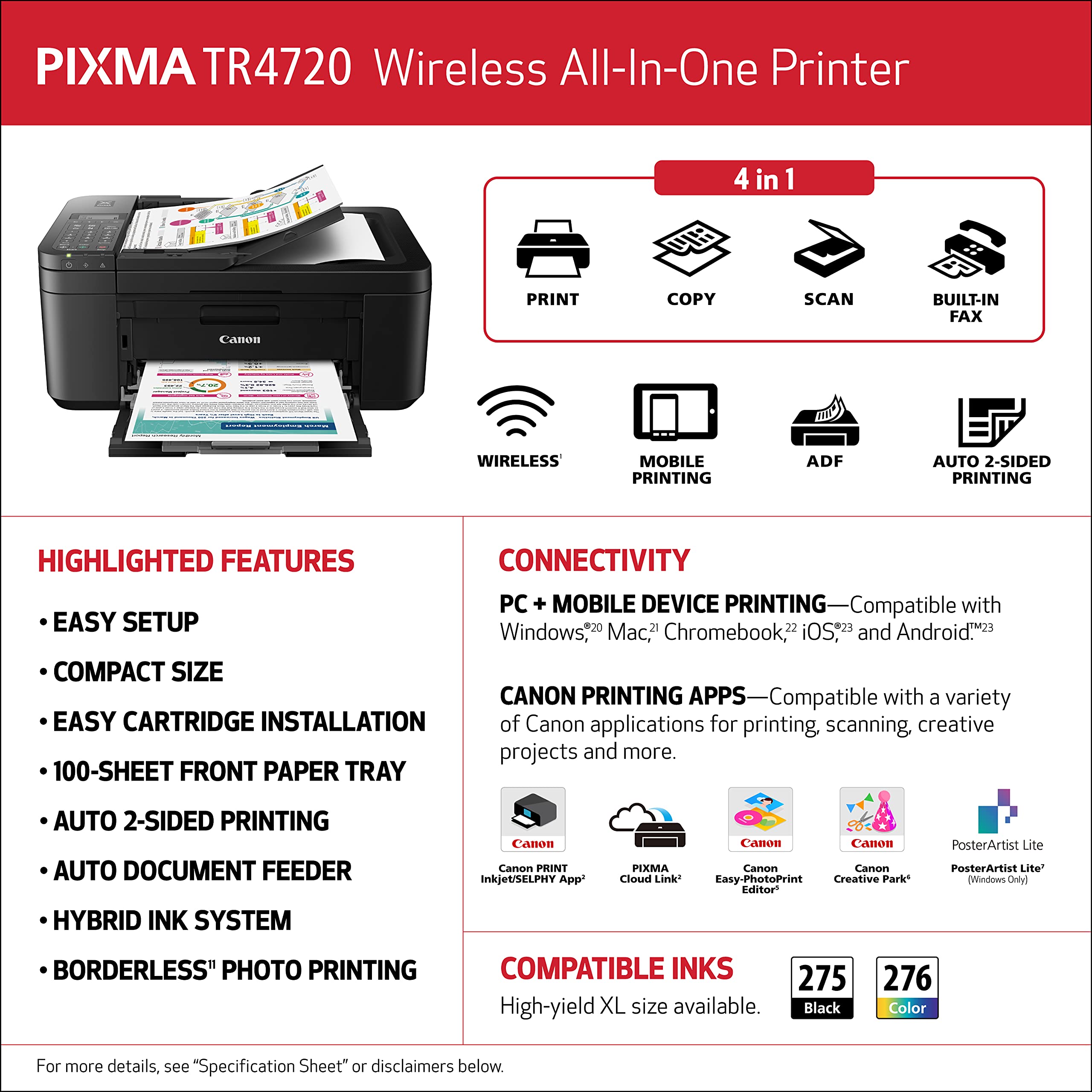 Canon PIXMA TR4720 - All-in-One Wireless Printer for Home Use, Print, Copy, Scan, and Built-in Fax, with Auto Document Feeder, Mobile Printing, Black 🍁 All In One Marketplace Canada