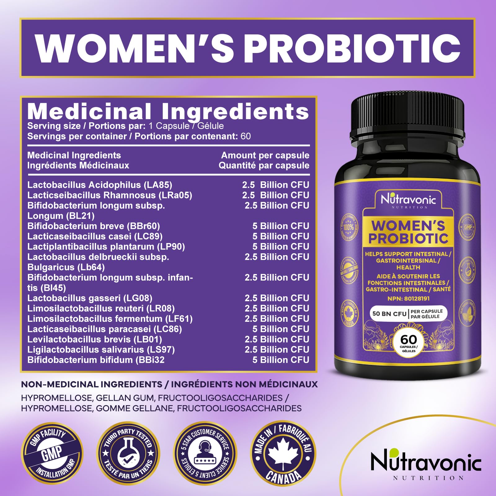 Probiotics for Women - 50 Billion CFUs Per Delayed Release Capsule. 15 Diverse Strains, including strains Limosilactobacillus Reuteri (lactobacillus reuteri) & lactobacillus gasseri. Support Gut Health, Bloating Relief & Digestion - 2 Month Supply. Nutrav