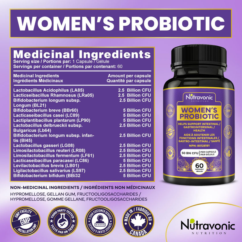 Probiotics for Women - 50 Billion CFUs Per Delayed Release Capsule. 15 Diverse Strains, including strains Limosilactobacillus Reuteri (lactobacillus reuteri) & lactobacillus gasseri. Support Gut Health, Bloating Relief & Digestion - 2 Month Supply. Nutrav