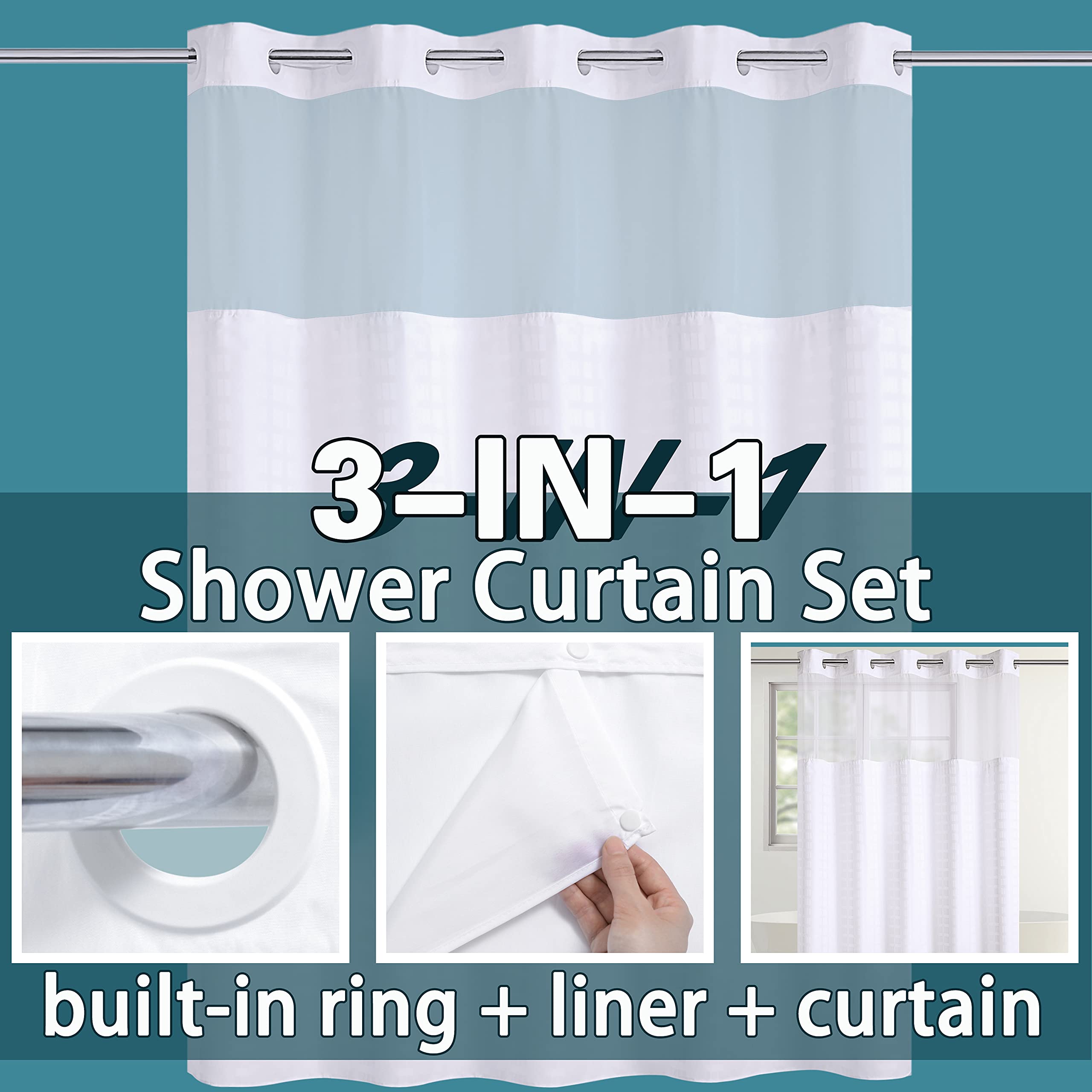 Conbo Mio Hotel Style Fabric Shower Curtain with Snap in Liner for Bathroom Machine Washable Waterproof Repellent Shower Curtain (Check-White, 71