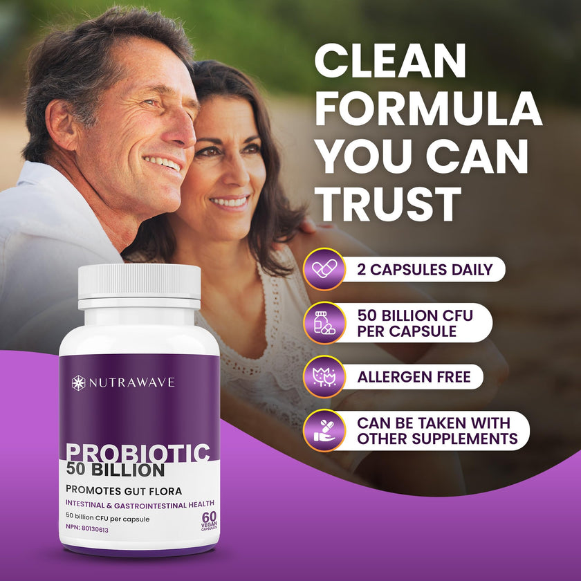 Nutrawave 50 BILLION Probiotics Women & Men, 15 Strains Active Culture. Relieves Bloating and Constipation, Improved Digestion and Gut Health Supplement, Non-GMO, Vegan, Gluten Free. 60 Vegan Capsules/ 60 Day Supply 🍁 All In One Marketplace Canada