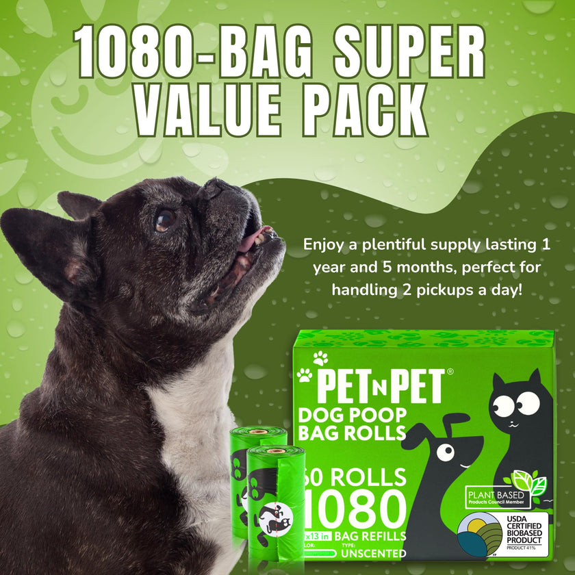 Pet N Pet Dog Poop Bags - USDA Certified 41% Plant-Based Doggy Poop Bags - Leak-Proof Sac Caca Chien Refill Rolls (1080 Count, Unscented, Green) 🍁 All In One Marketplace Canada